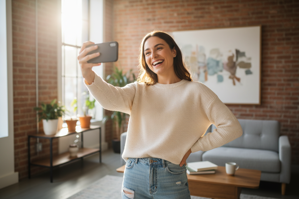 Quiero una foto de una persona haciéndose un selfie un su iPhone 